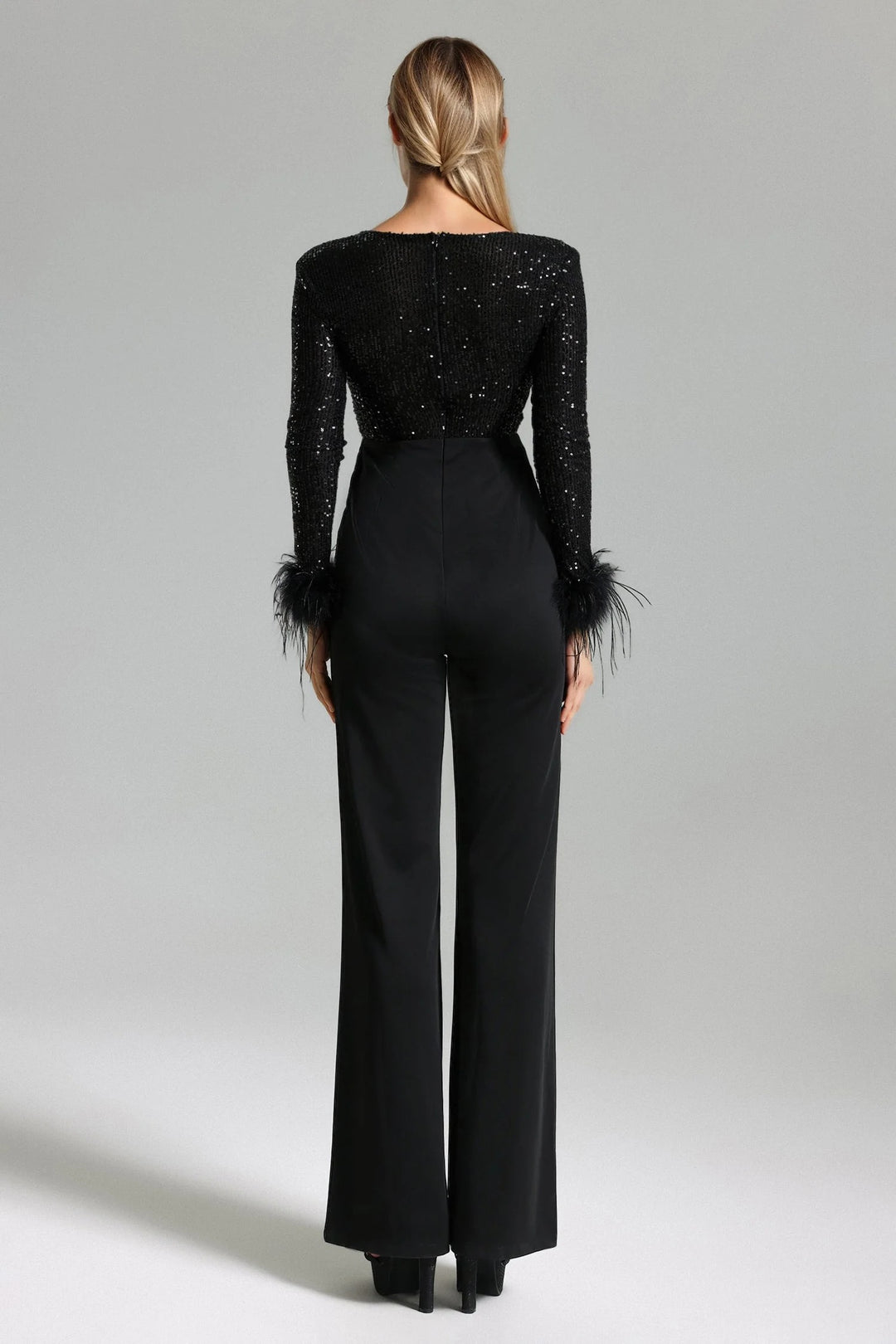 Simple Stitched Sequined Feather Jumpsuit
