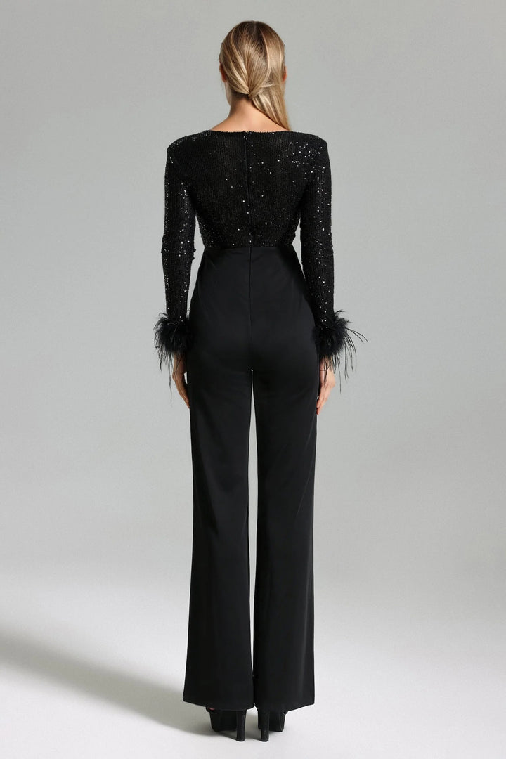 Simple Stitched Sequined Feather Jumpsuit