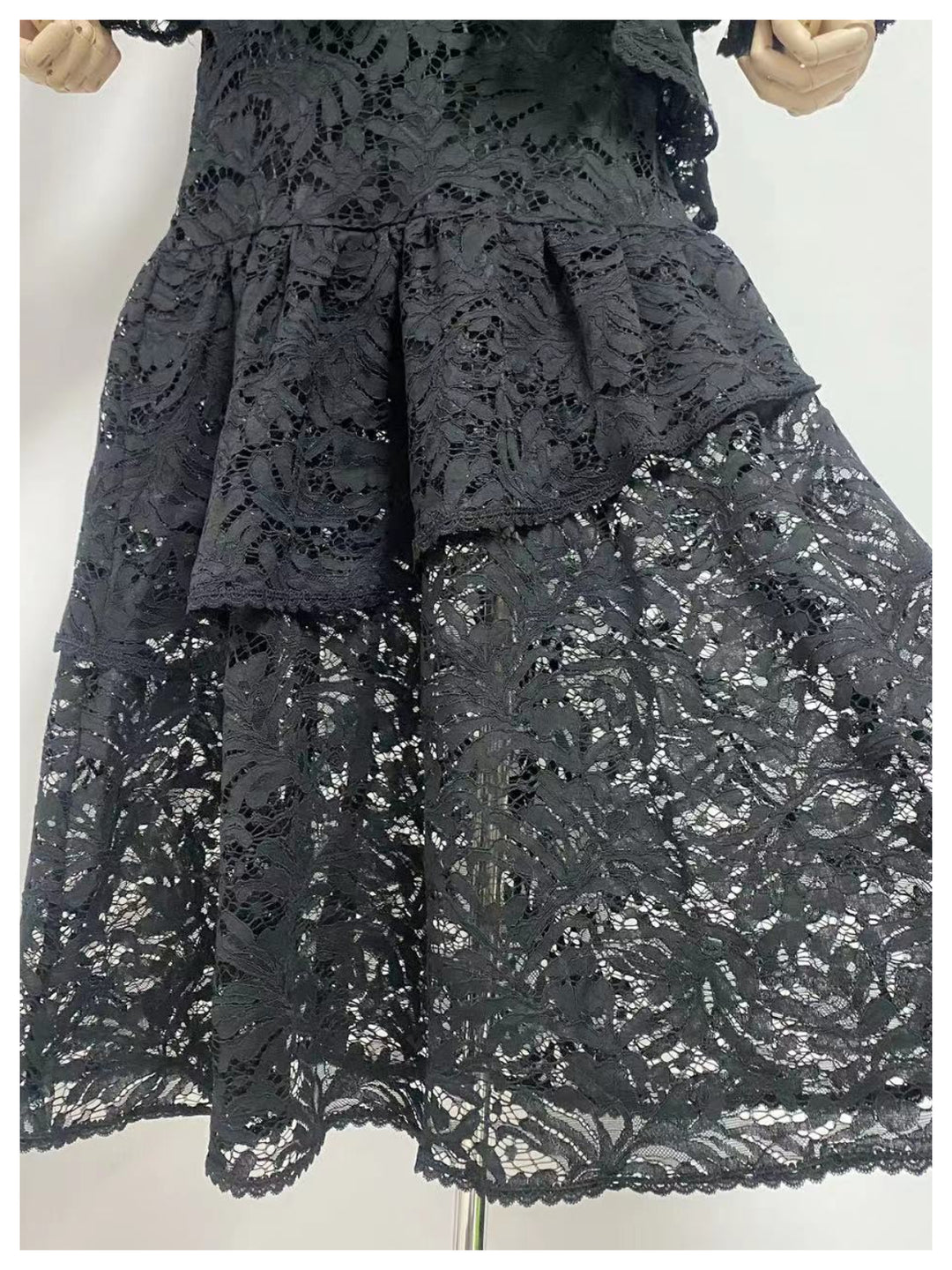 Rachel Black Stand Collar Waist Lace Dress