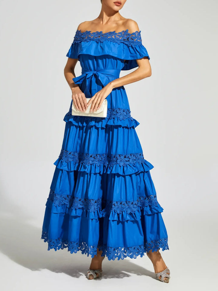 Elegant Ruffle Lace Solid Color Maxi Dress
