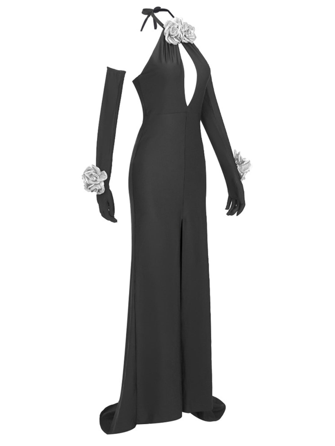 Black Flower Sequin Halter Neck Maxi Dress with Gloves