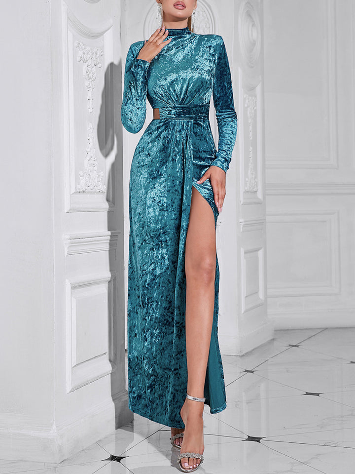 Simple Solid Color Long-sleeved Hollow Maxi Dress