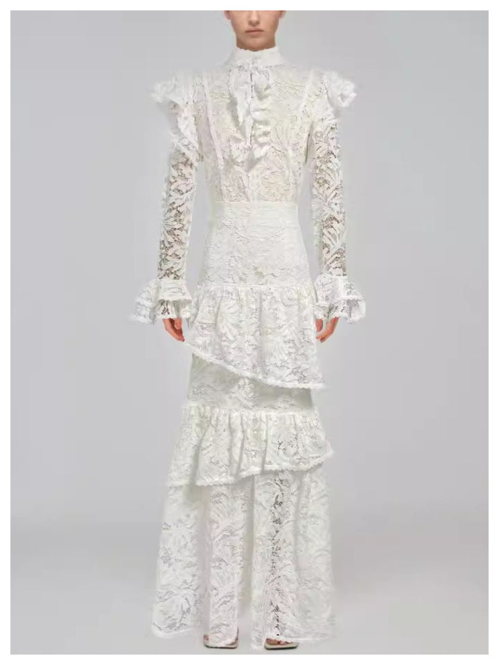 Rachel Black Stand Collar Waist Lace Dress