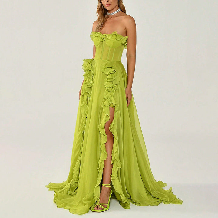 Sexy Elegant Ruffled Long Holiday Chiffon Dress