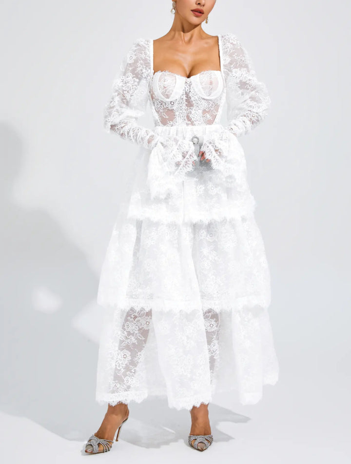Elegant Bubble Sleeve Lace Mid-length Dress