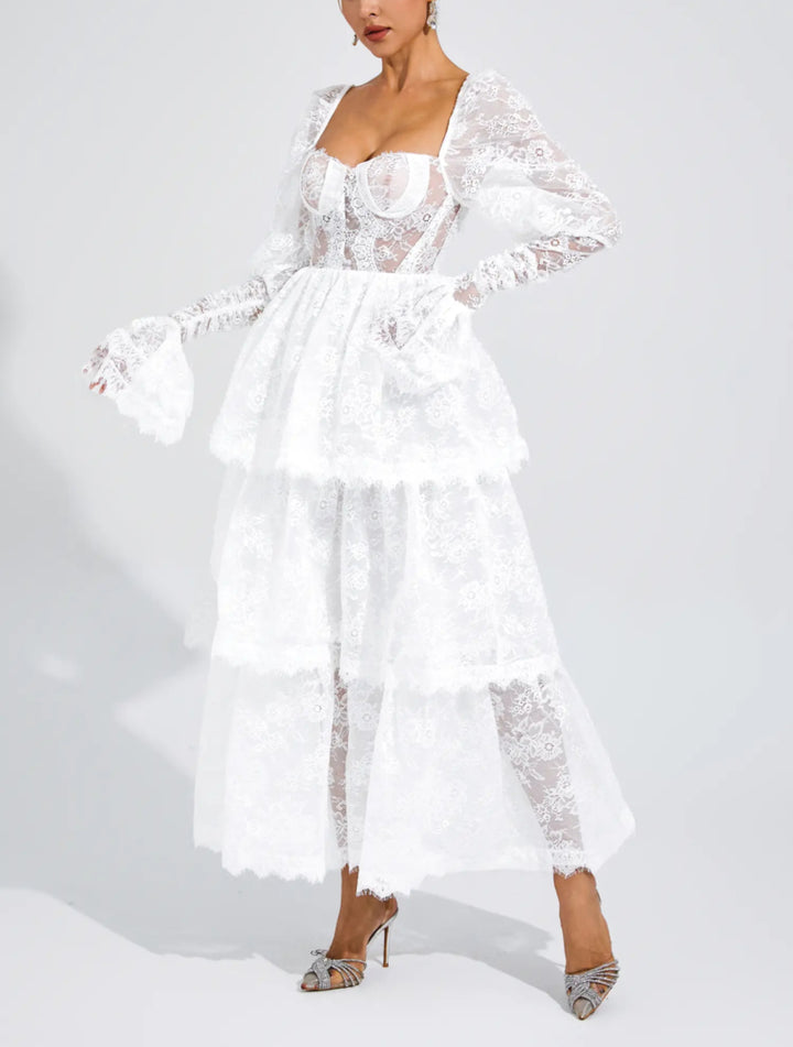 Elegant Bubble Sleeve Lace Mid-length Dress