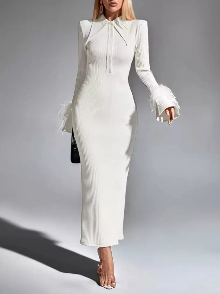 Retro Solid Color Spliced Feather Dress