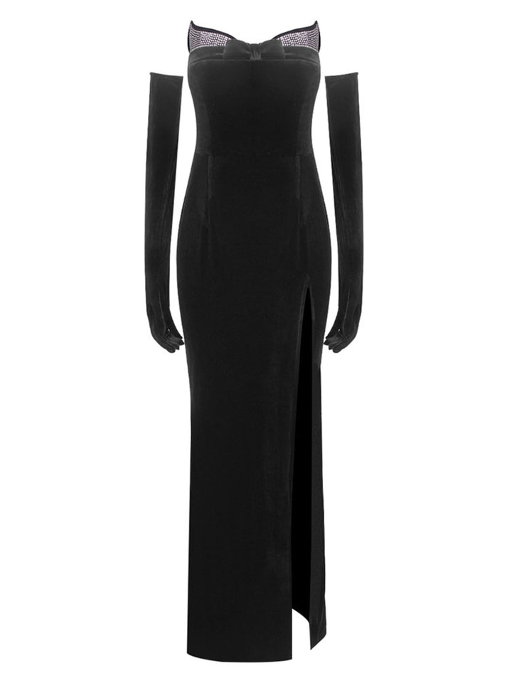 Hot Diamond Tube Top Black Maxi Dress with Gloves