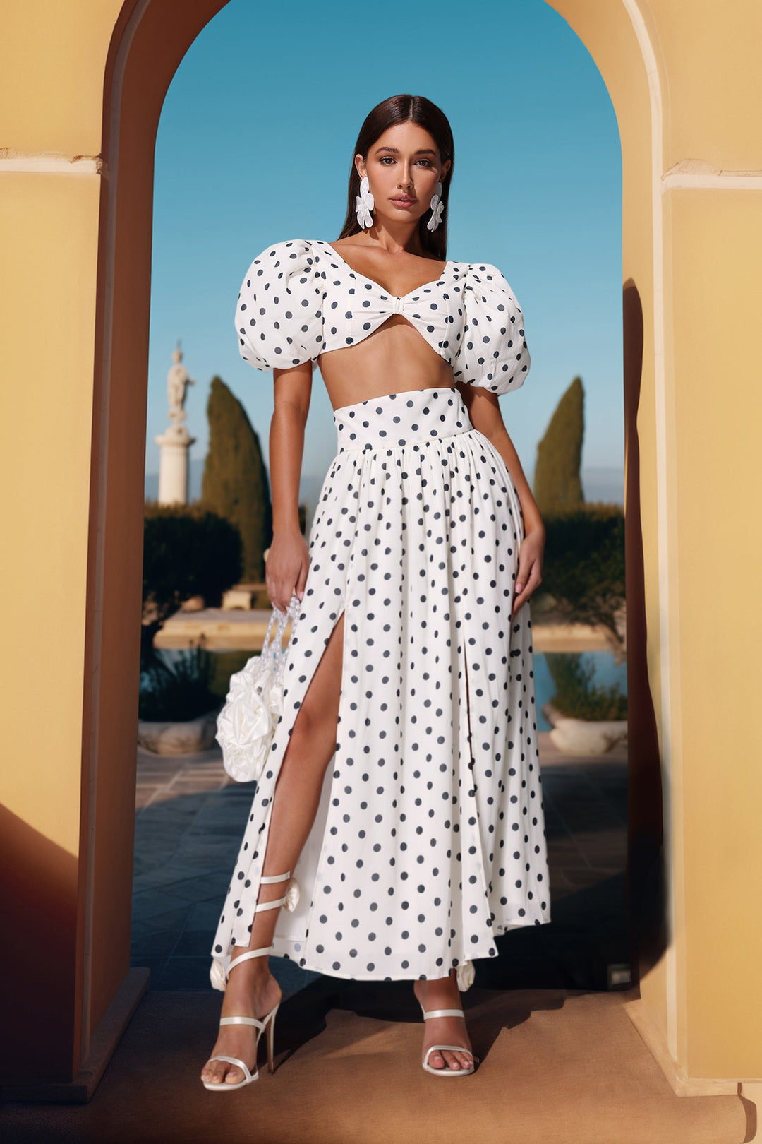 Devonne Spot Print Puff Top Slit Skirt Set