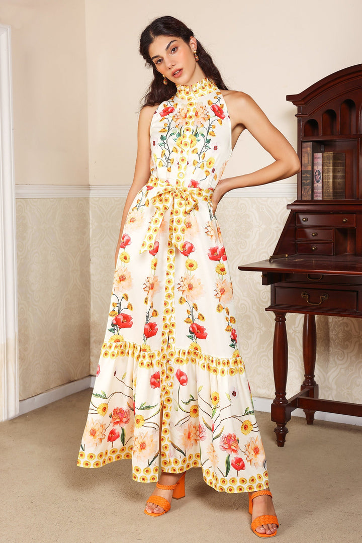 Floral High Collar Sleeveless Buttoned Lace Up Midi Dress Yellow