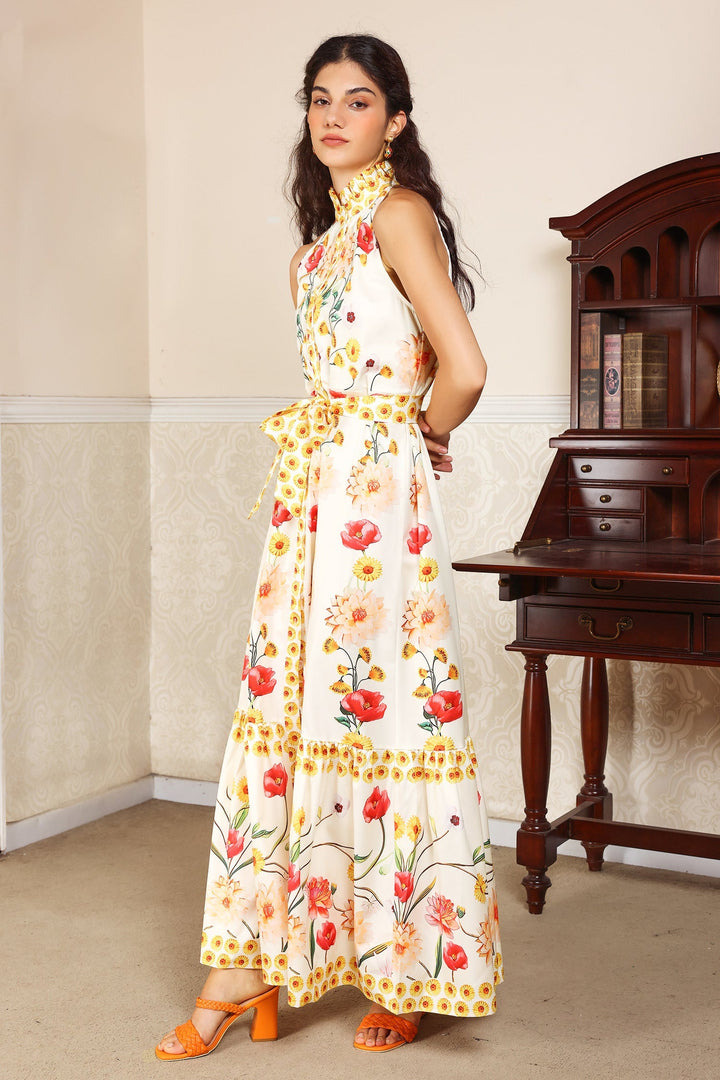 Floral High Collar Sleeveless Buttoned Lace Up Midi Dress Yellow