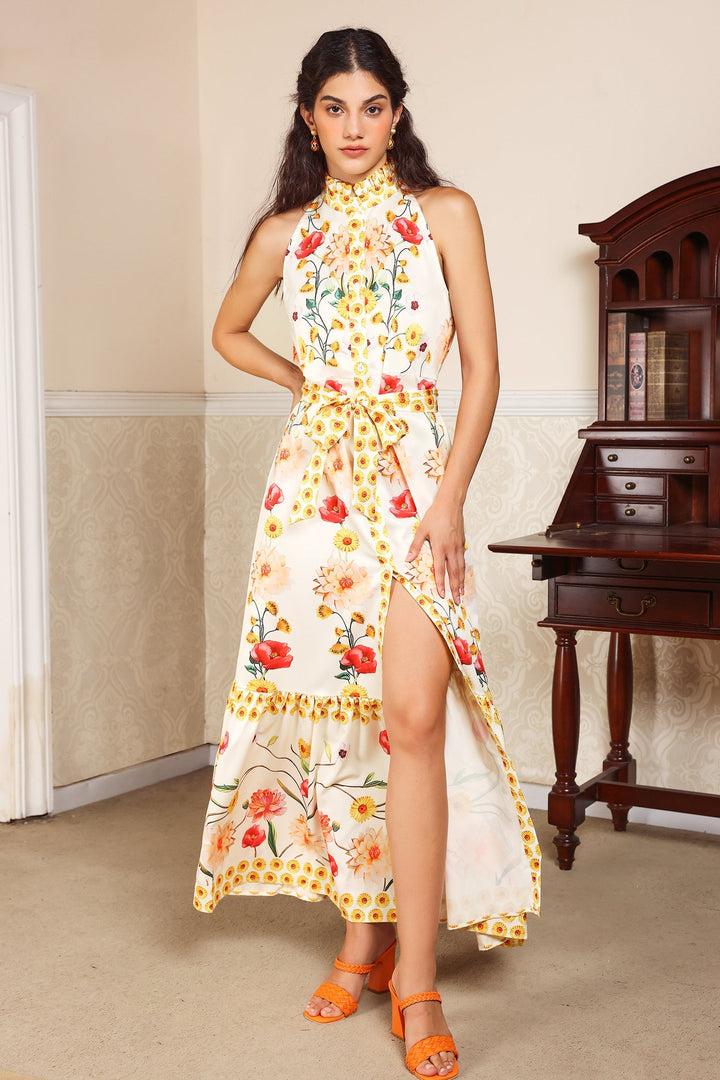 Floral High Collar Sleeveless Buttoned Lace Up Midi Dress Yellow