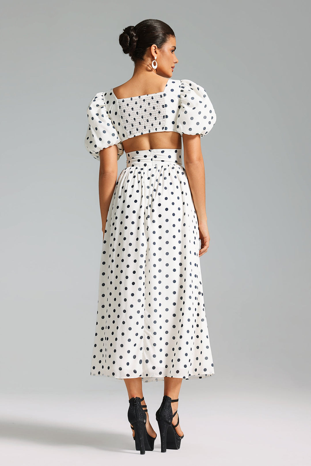 Devonne Spot Print Puff Top Slit Skirt Set