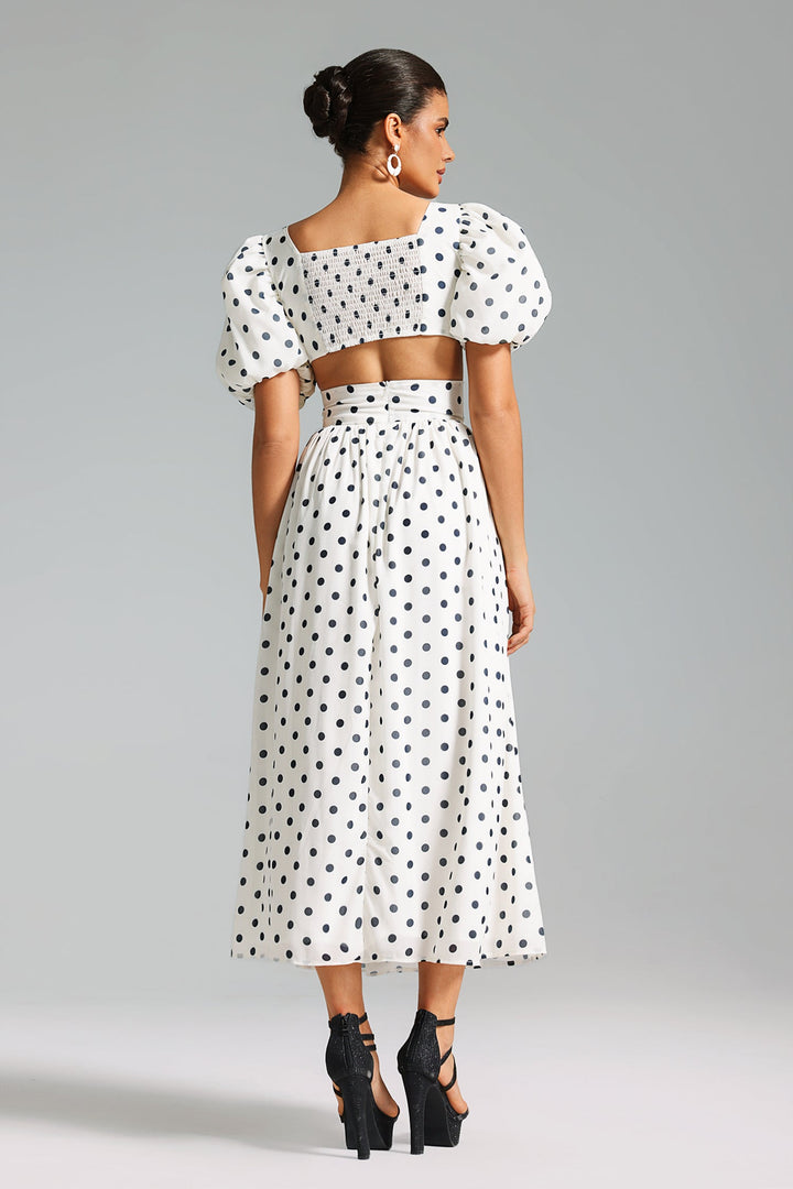 Devonne Spot Print Puff Top Slit Skirt Set