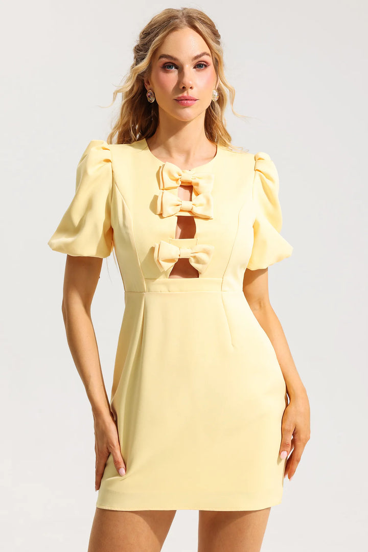 Solid Puff Sleeve Cut-Out Bow Mini Dress