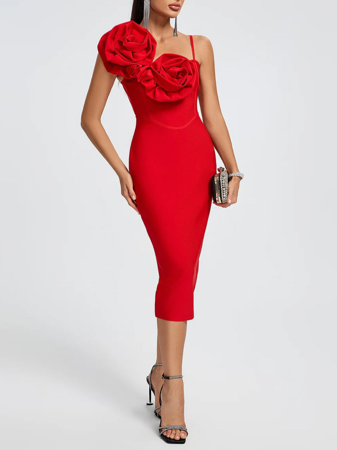 Vintage Suspender Three-dimensional Flower Midi Dress