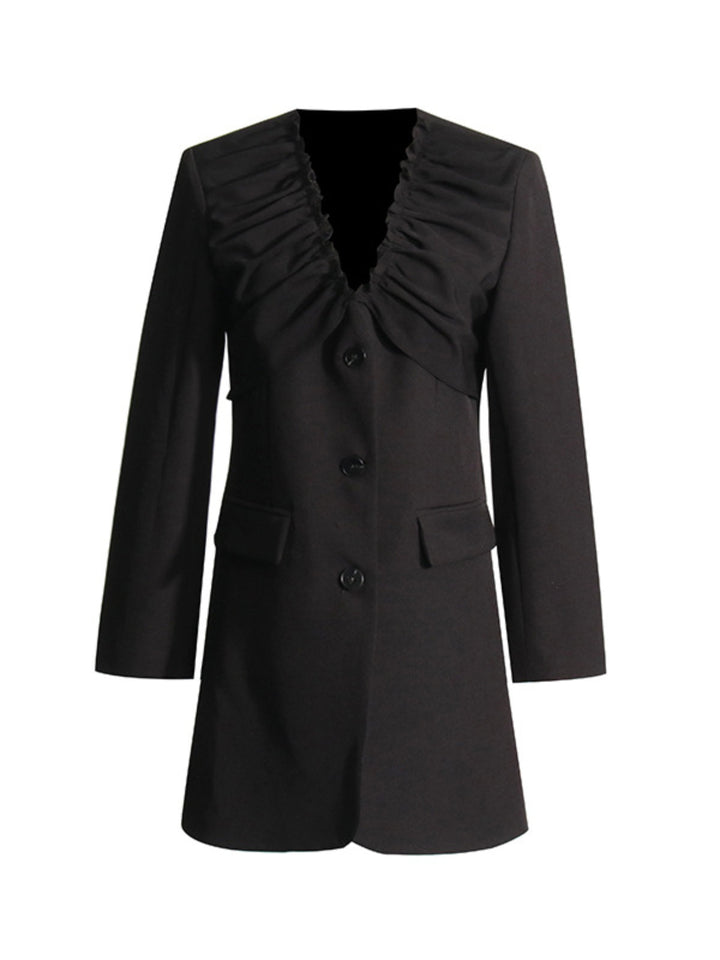 Pleated V-neck Long-sleeved Coat