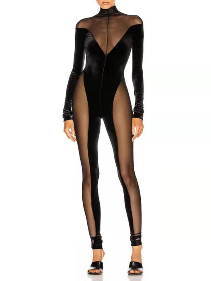 Elegant Velvet Gauze Splicing Jumpsuit