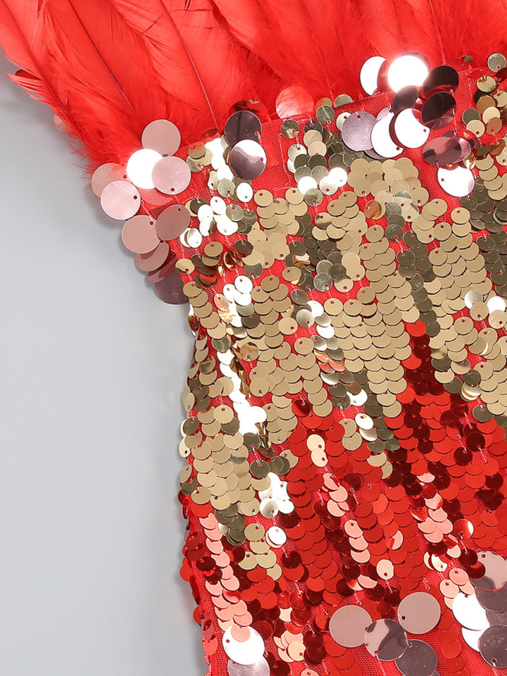 Fashion Sequined Feather Stitching Midi Dress