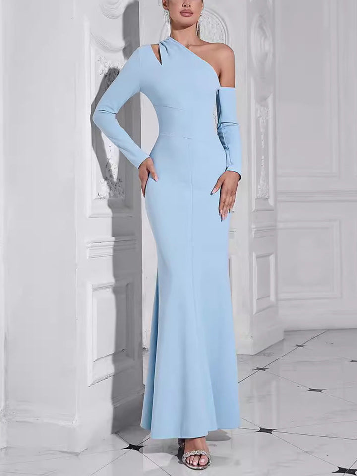 Fashion One-shoulder Long-sleeved Solid Color Dress