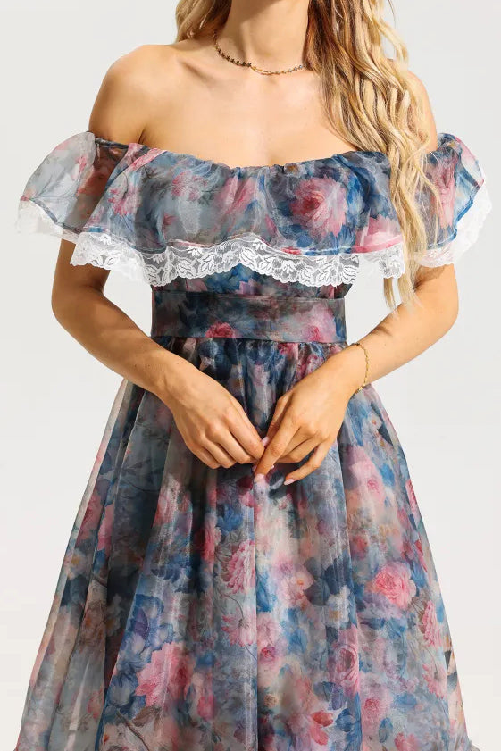 Floral Lace Frill Hight Waist Maxi Dress