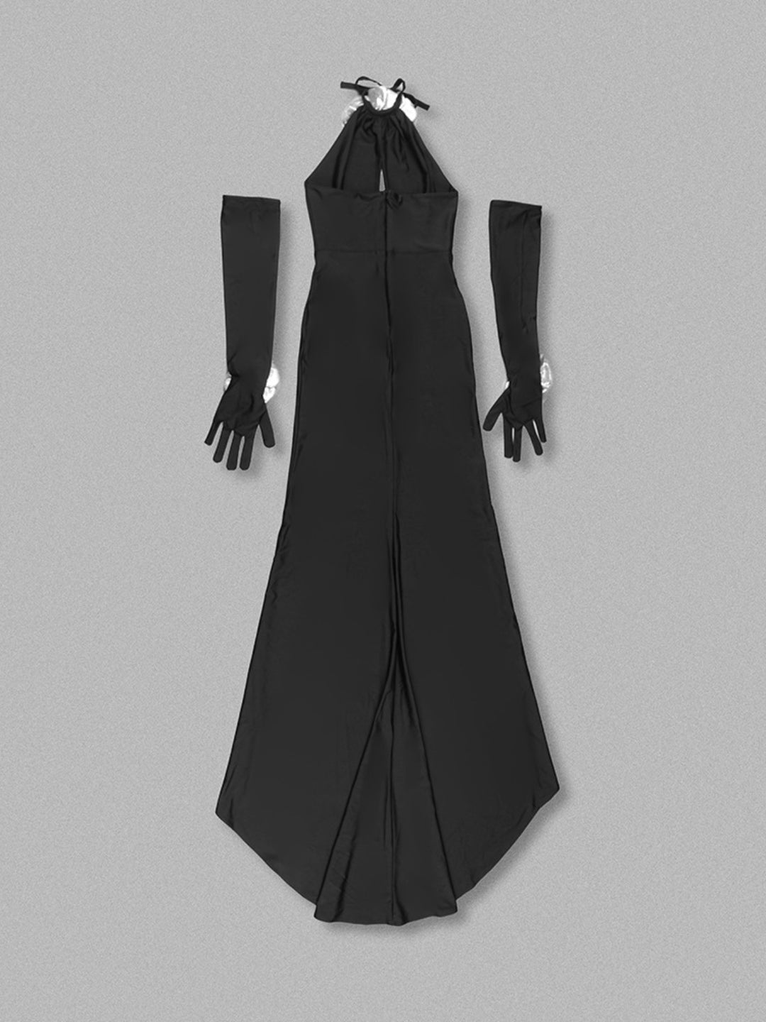 Black Flower Sequin Halter Neck Maxi Dress with Gloves