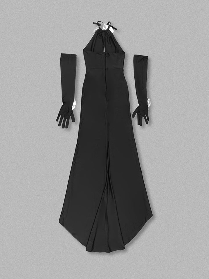 Black Flower Sequin Halter Neck Maxi Dress with Gloves