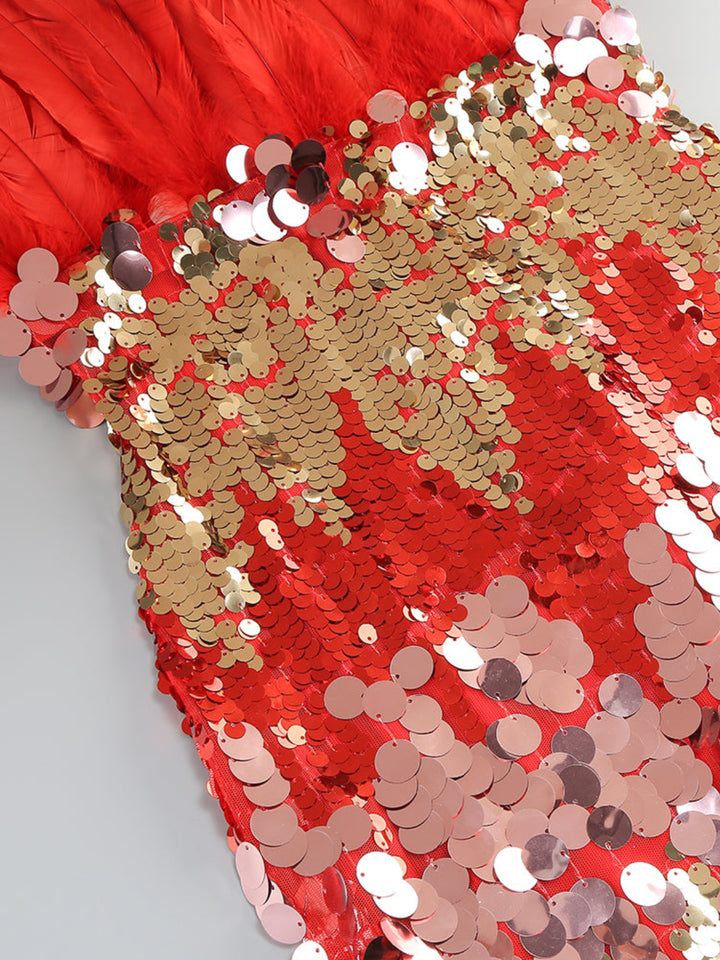 Fashion Sequined Feather Stitching Midi Dress