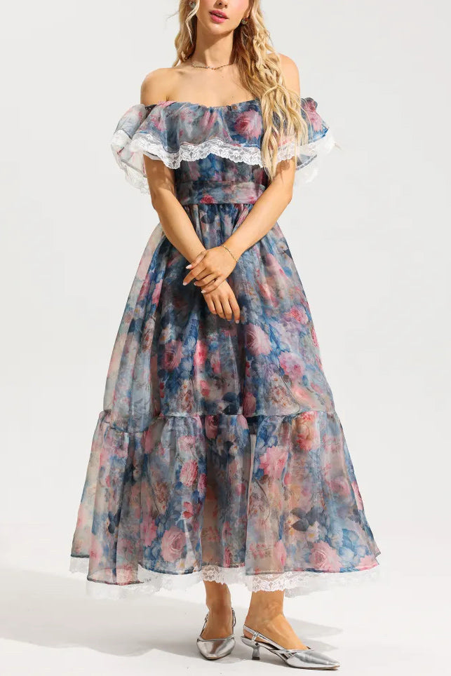 Floral Lace Frill Hight Waist Maxi Dress