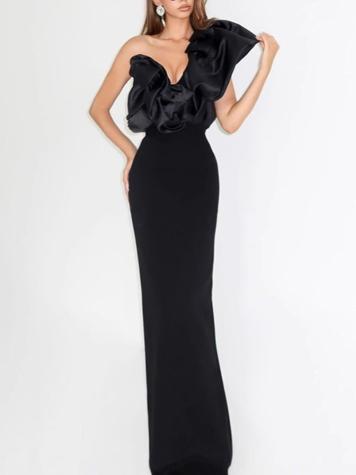 Simple Slanted Shoulder Irregular Fungus Edge Dress