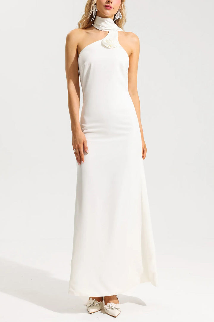 3D Floral Satin Solid Maxi Dress