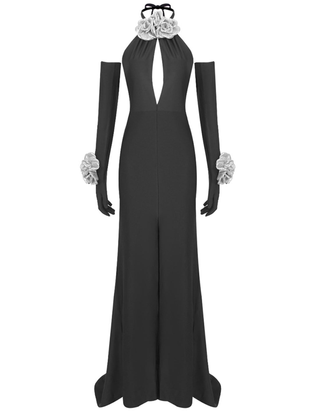 Black Flower Sequin Halter Neck Maxi Dress with Gloves