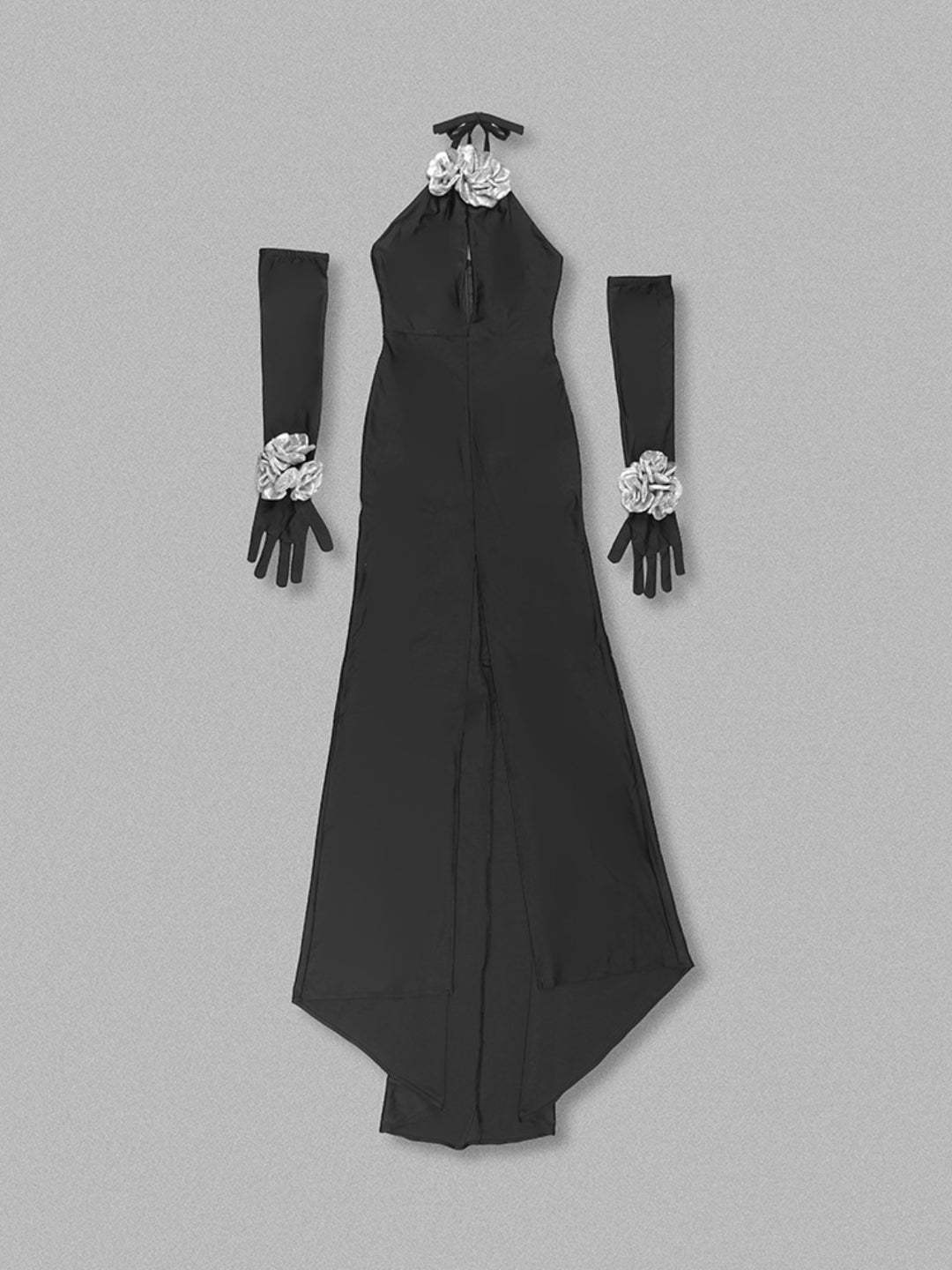 Black Flower Sequin Halter Neck Maxi Dress with Gloves