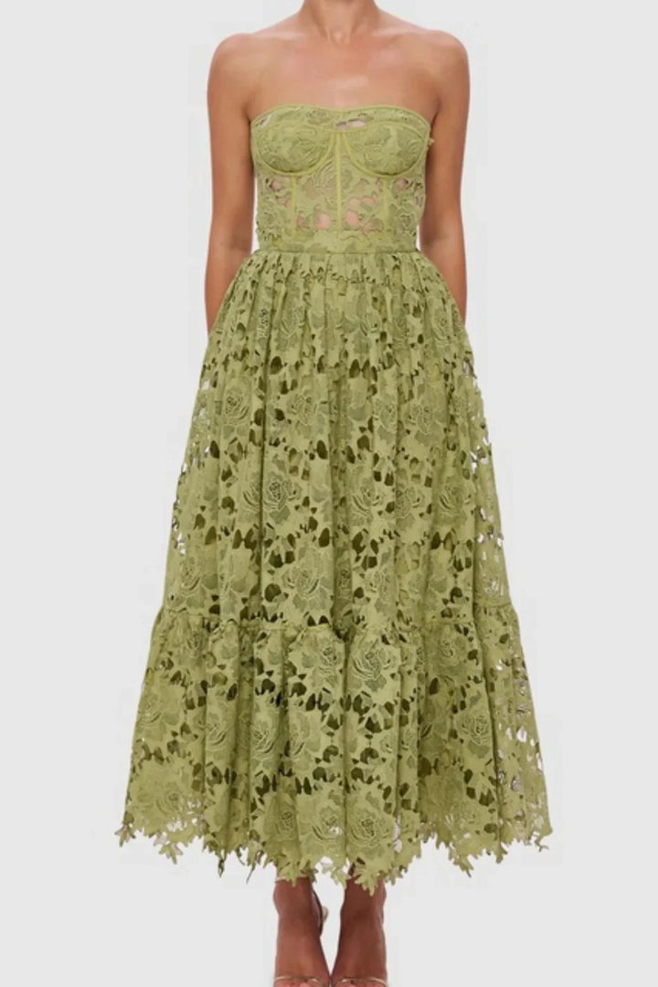 LACE BUSTIER MIDI DRESS IN GREEN