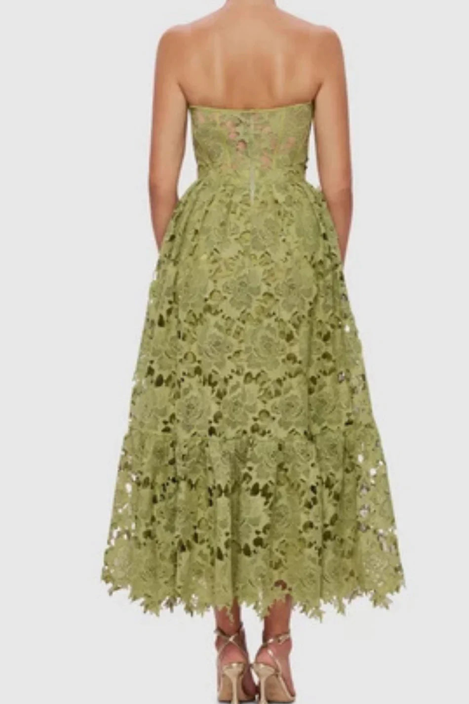 LACE BUSTIER MIDI DRESS IN GREEN
