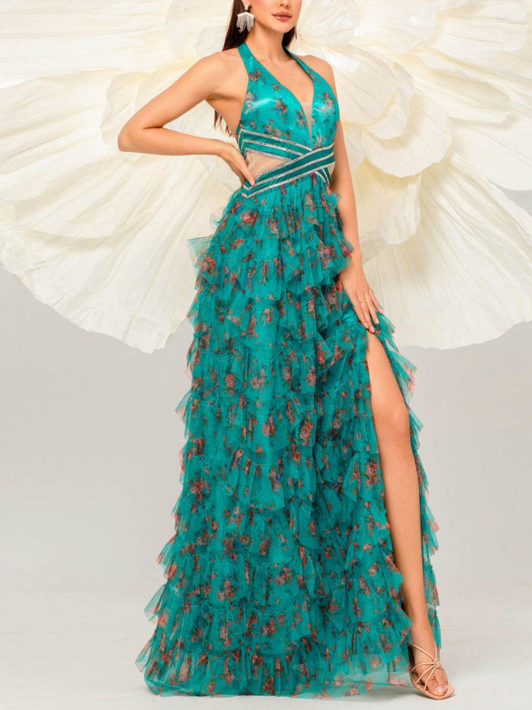 Elegant Neck Print Maxi Dress