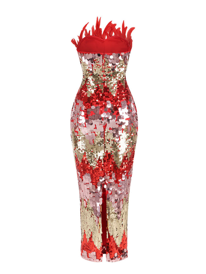 Fashion Sequined Feather Stitching Midi Dress