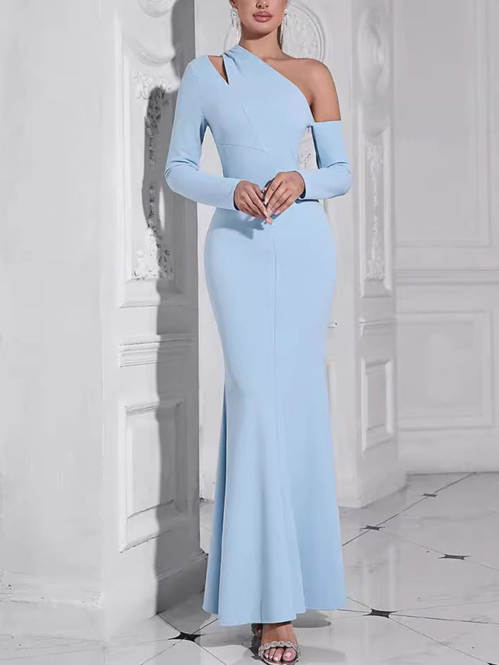 Fashion One-shoulder Long-sleeved Solid Color Dress