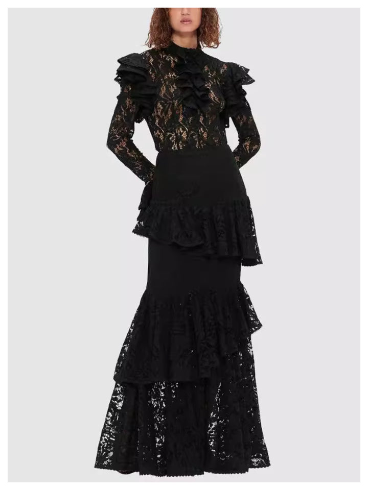 Rachel Black Stand Collar Waist Lace Dress