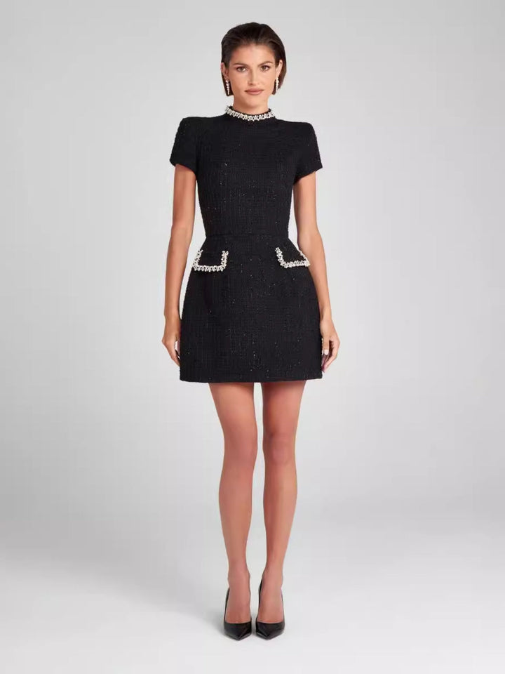 Elegant Crew Neck Bead Mini Dress