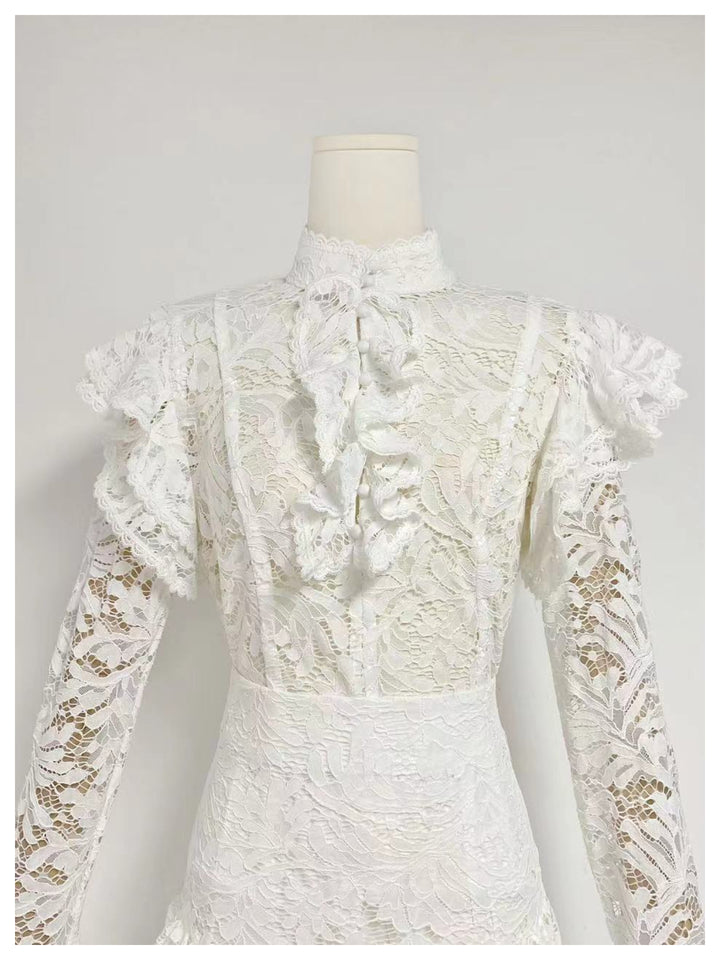 Rachel Black Stand Collar Waist Lace Dress