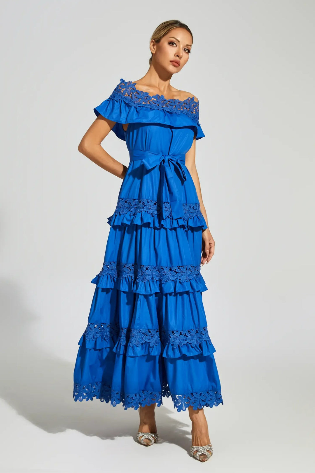 Elegant Ruffle Lace Solid Color Maxi Dress