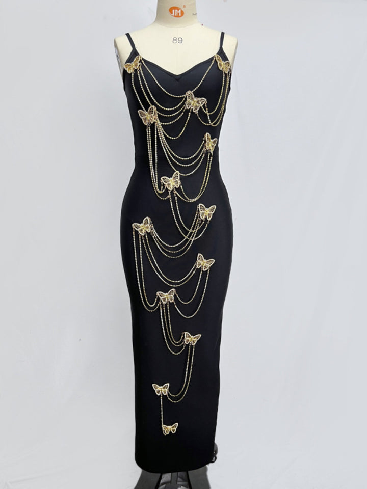 Butterfly Drill Chain Bandage Maxi Dress