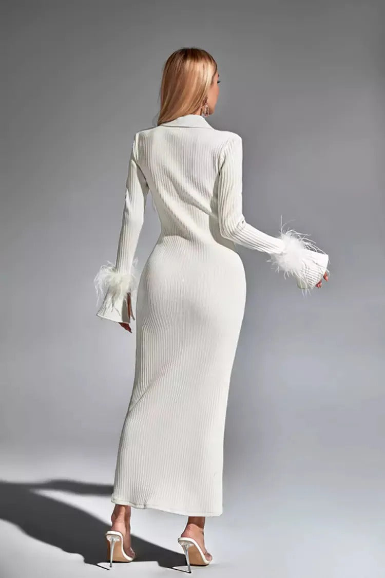 Retro Solid Color Spliced Feather Dress