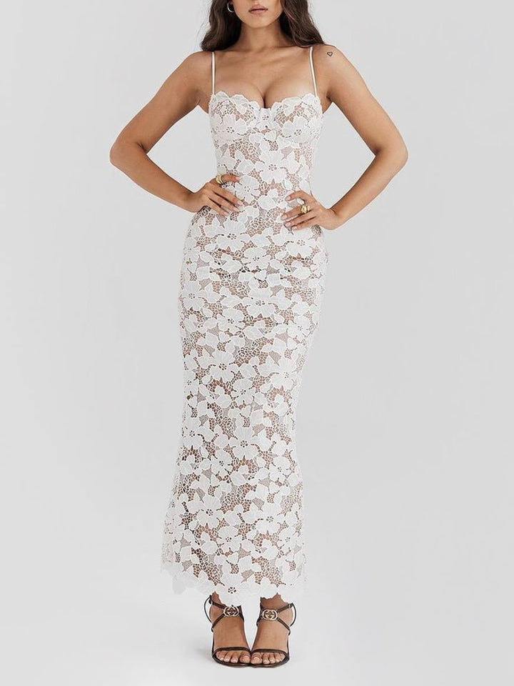 Elegant Suspender Jacquard Lace Maxi Dress