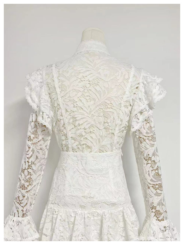 Rachel Black Stand Collar Waist Lace Dress