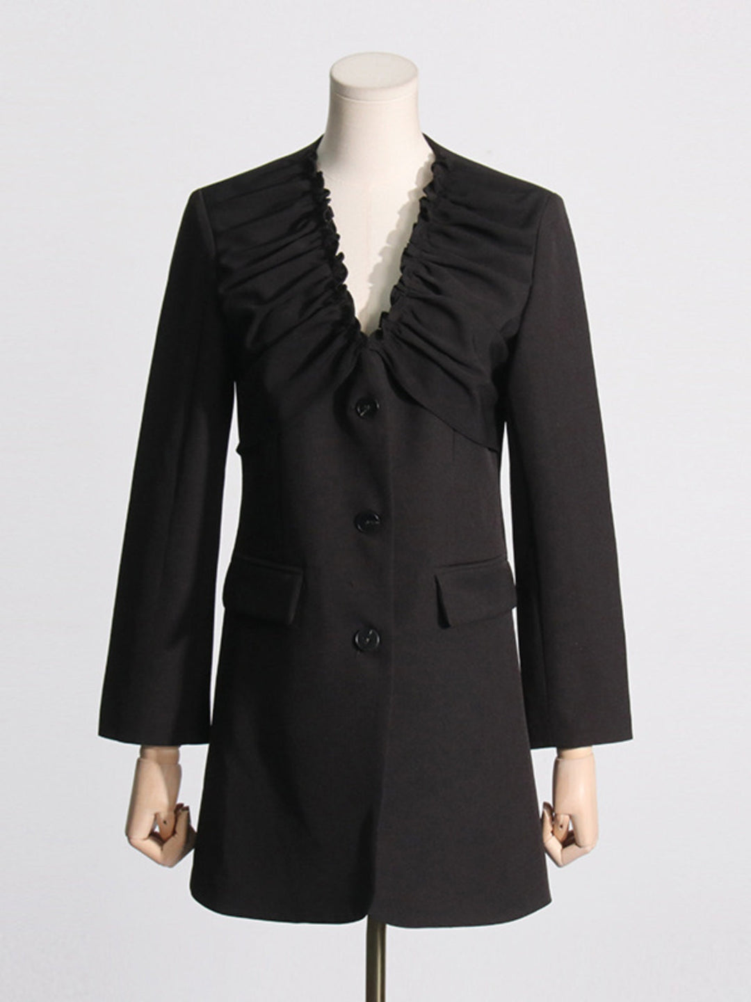 Pleated V-neck Long-sleeved Coat
