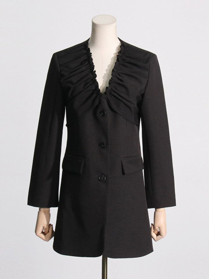 Pleated V-neck Long-sleeved Coat