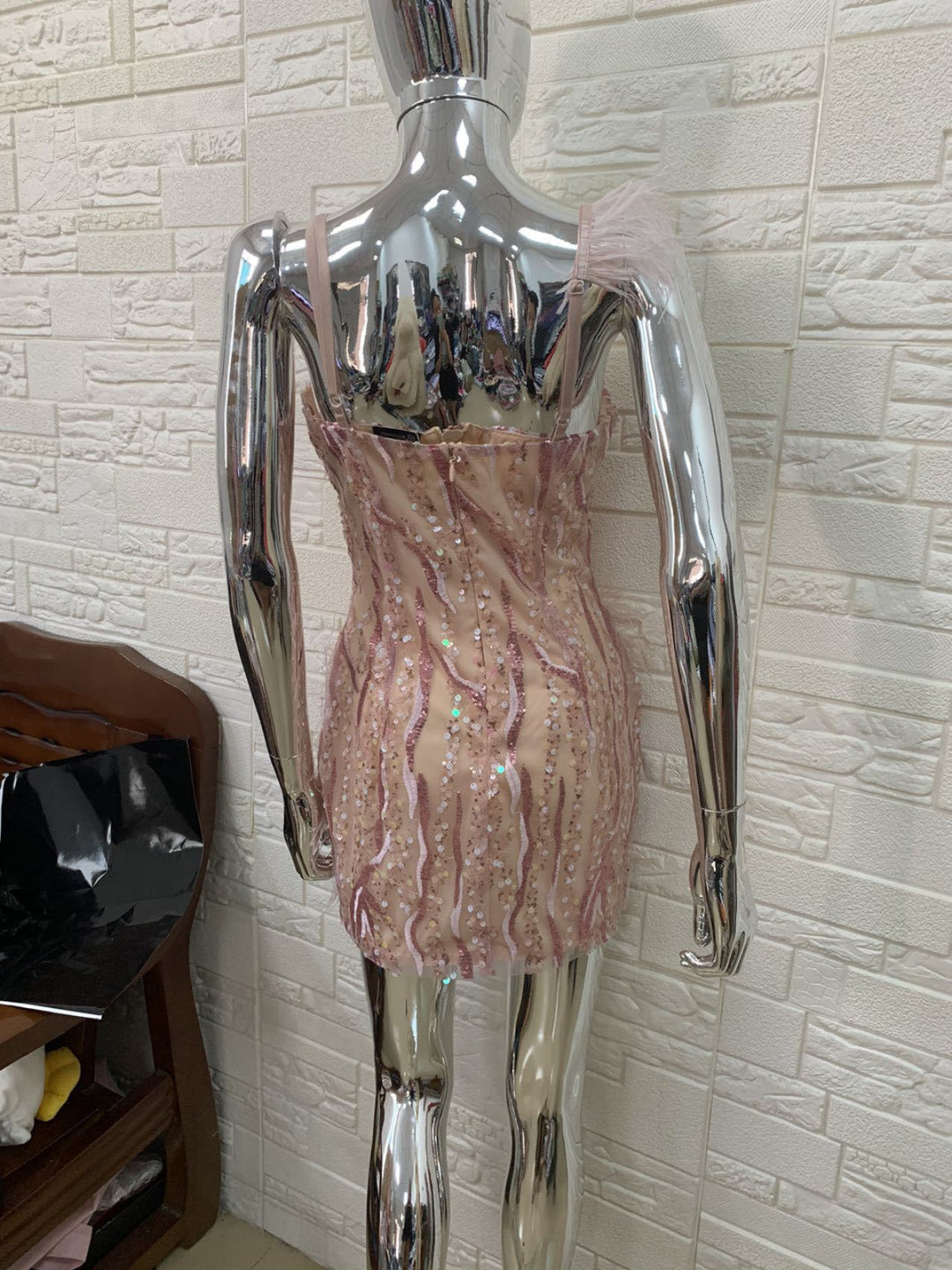 Temperament Suspender Diamond Feather Mini Dress