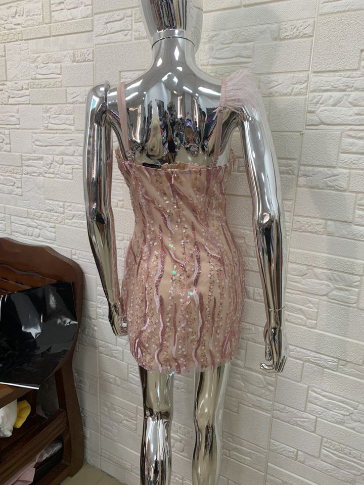 Temperament Suspender Diamond Feather Mini Dress